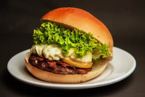 Burger With Lettuce and Cheese on a White Plate